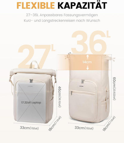 Rolltop Rucksack Damen Herren Wasserdicht 17 Zoll Laptopfach Beige