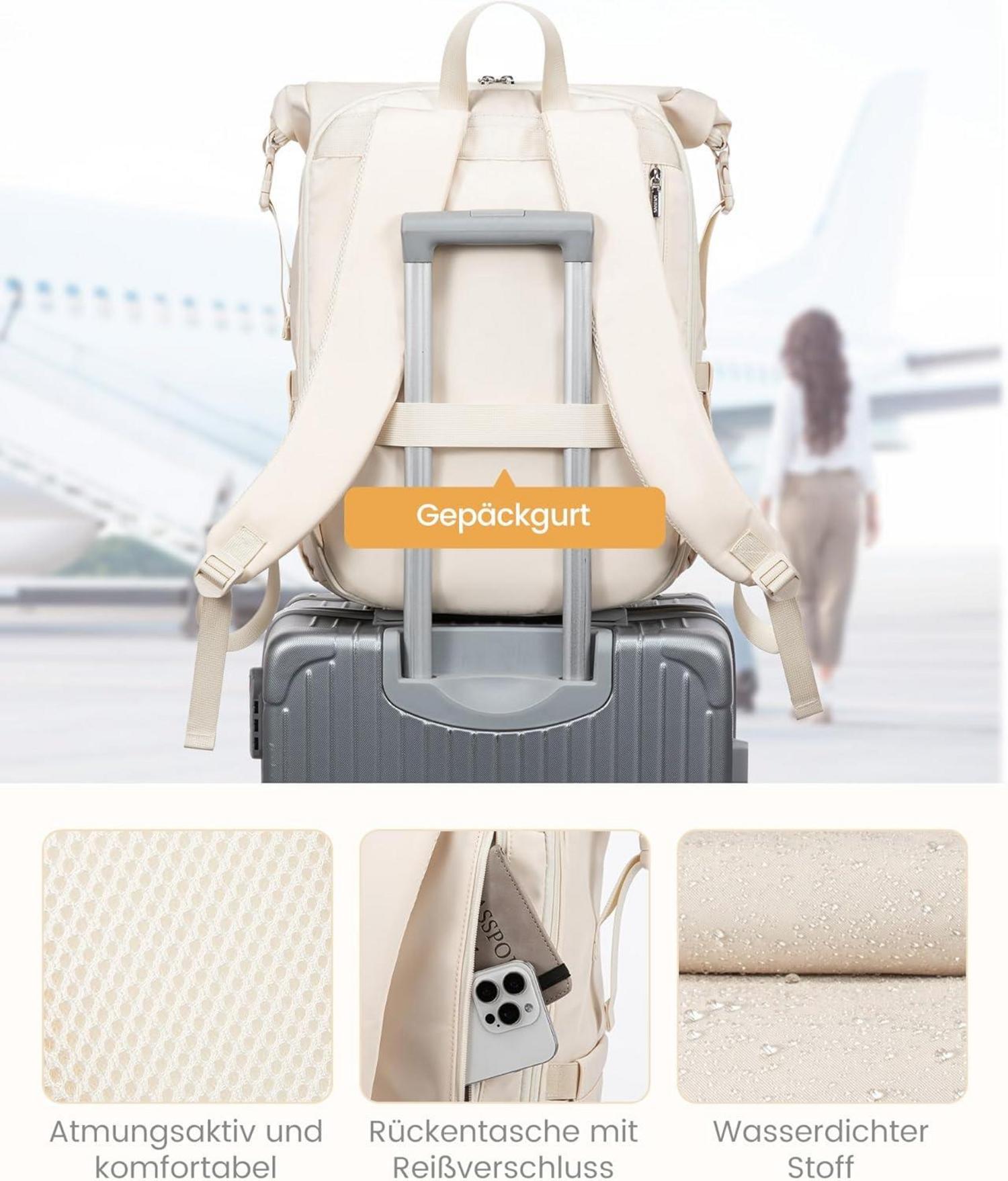 Damen Rolltop Rucksack Wasserdicht mit 17 Zoll Laptopfach Beige