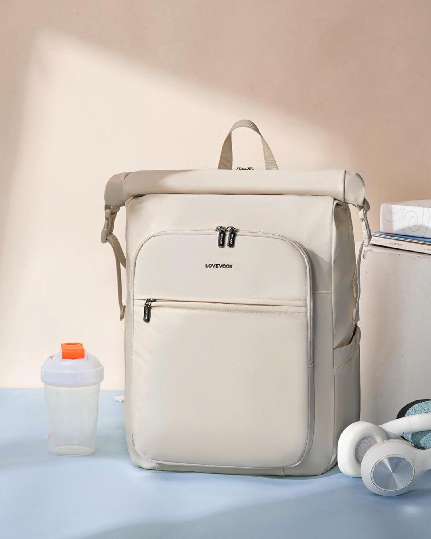 Wasserdichter Rolltop Rucksack 17 Zoll Laptopfach Beige Uni Reise