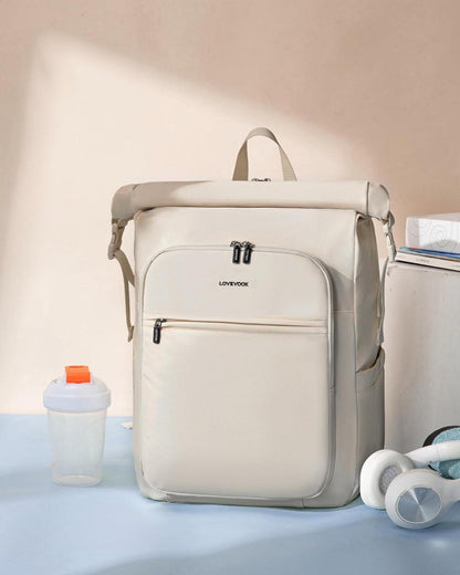 Wasserdichter Rolltop Rucksack 17 Zoll Laptopfach Beige Uni Reise
