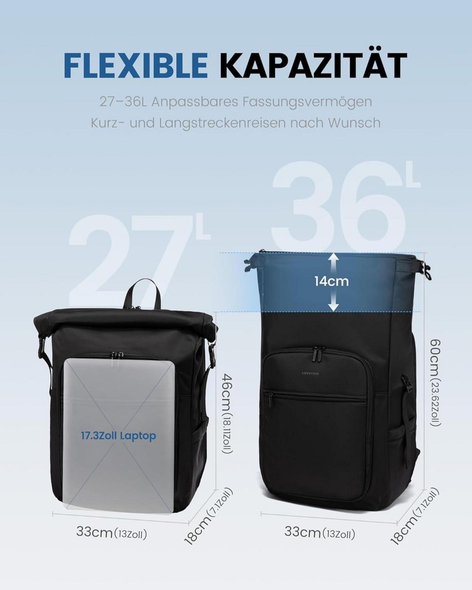 Rolltop Rucksack Damen Herren Schwarz 17 Zoll Laptop Backpack