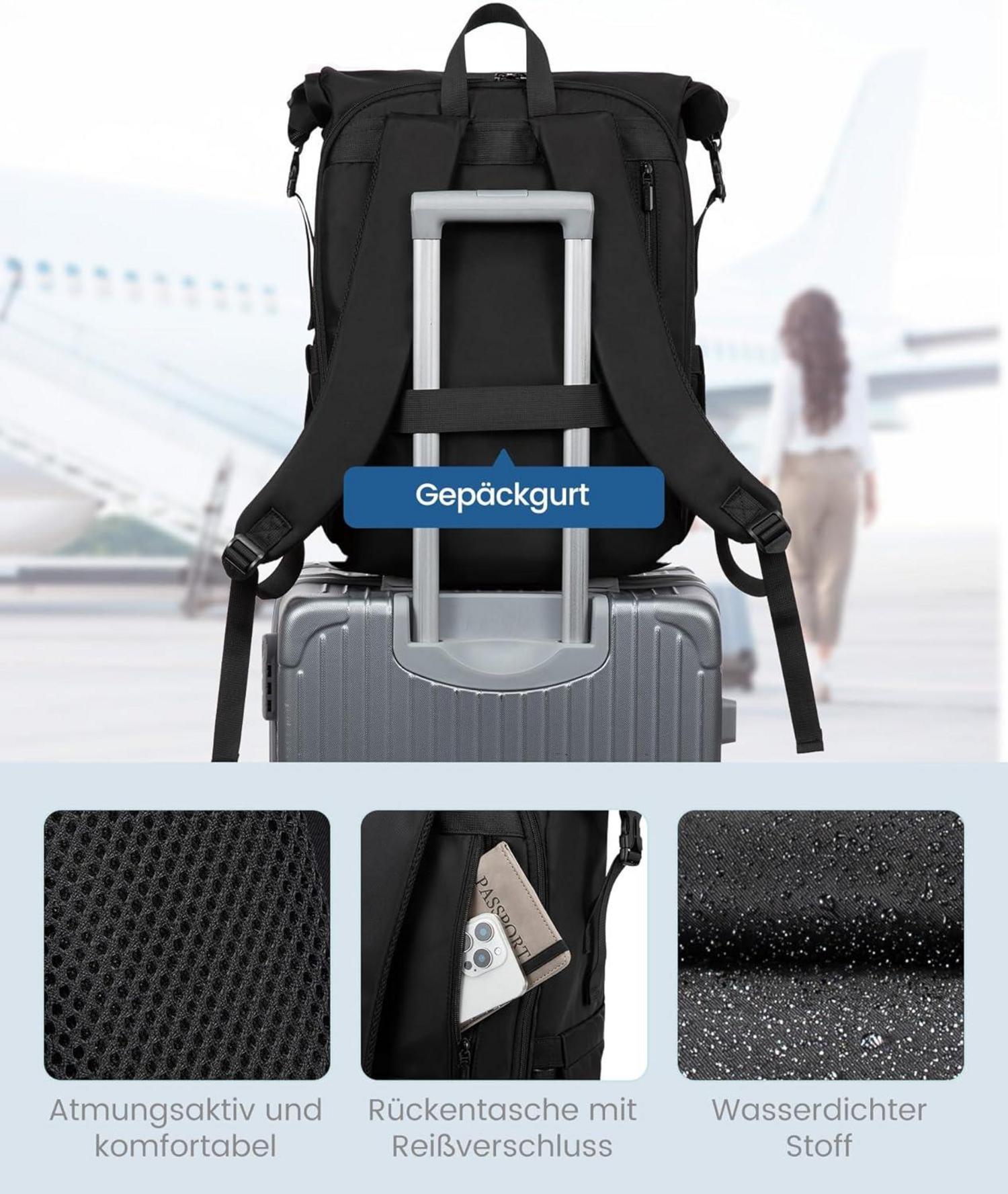 Rolltop Rucksack Damen Herren wasserdicht 17 Zoll Laptop Schwarz