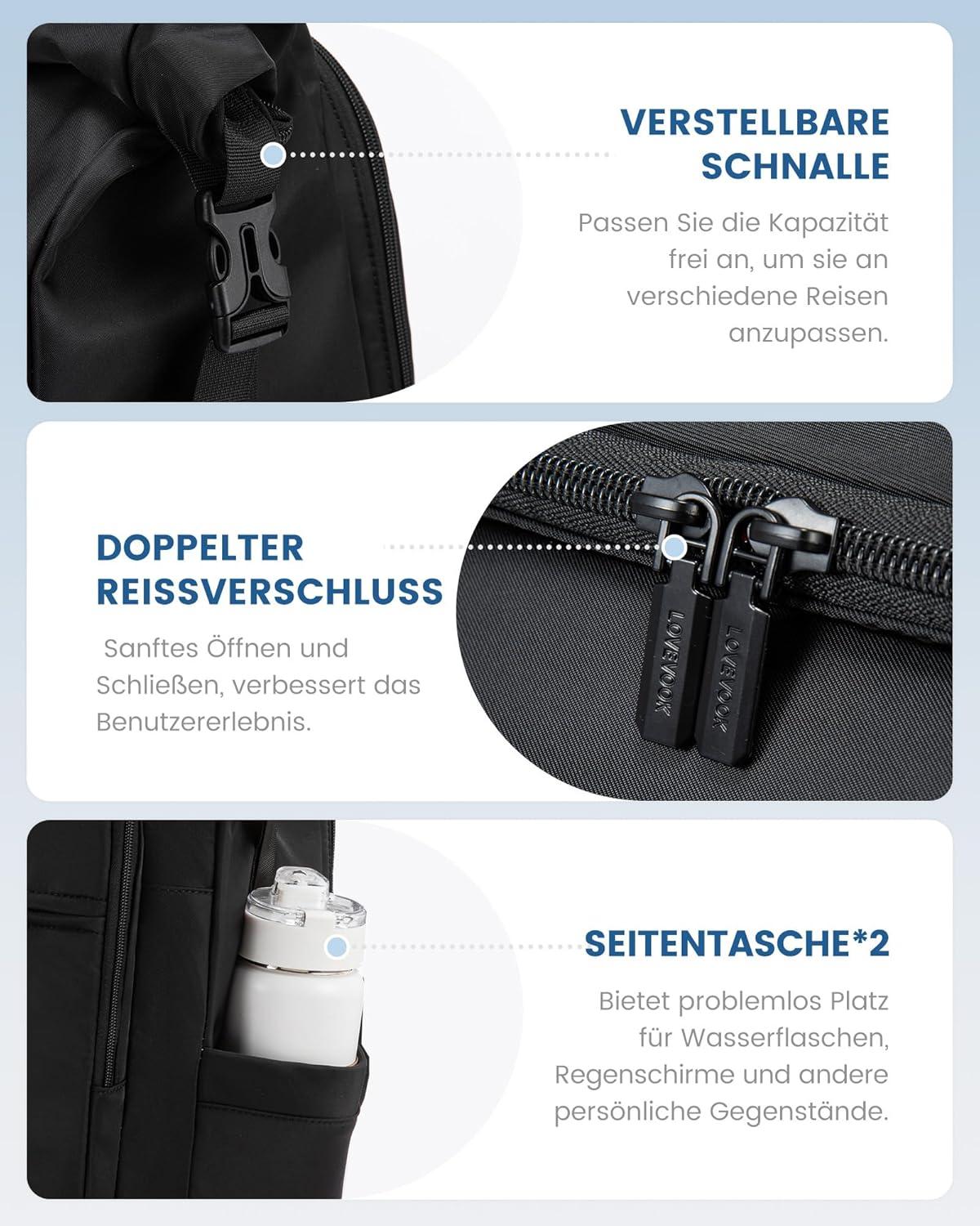 Rolltop Rucksack Damen Herren Schwarz 17 Zoll Laptop Backpack