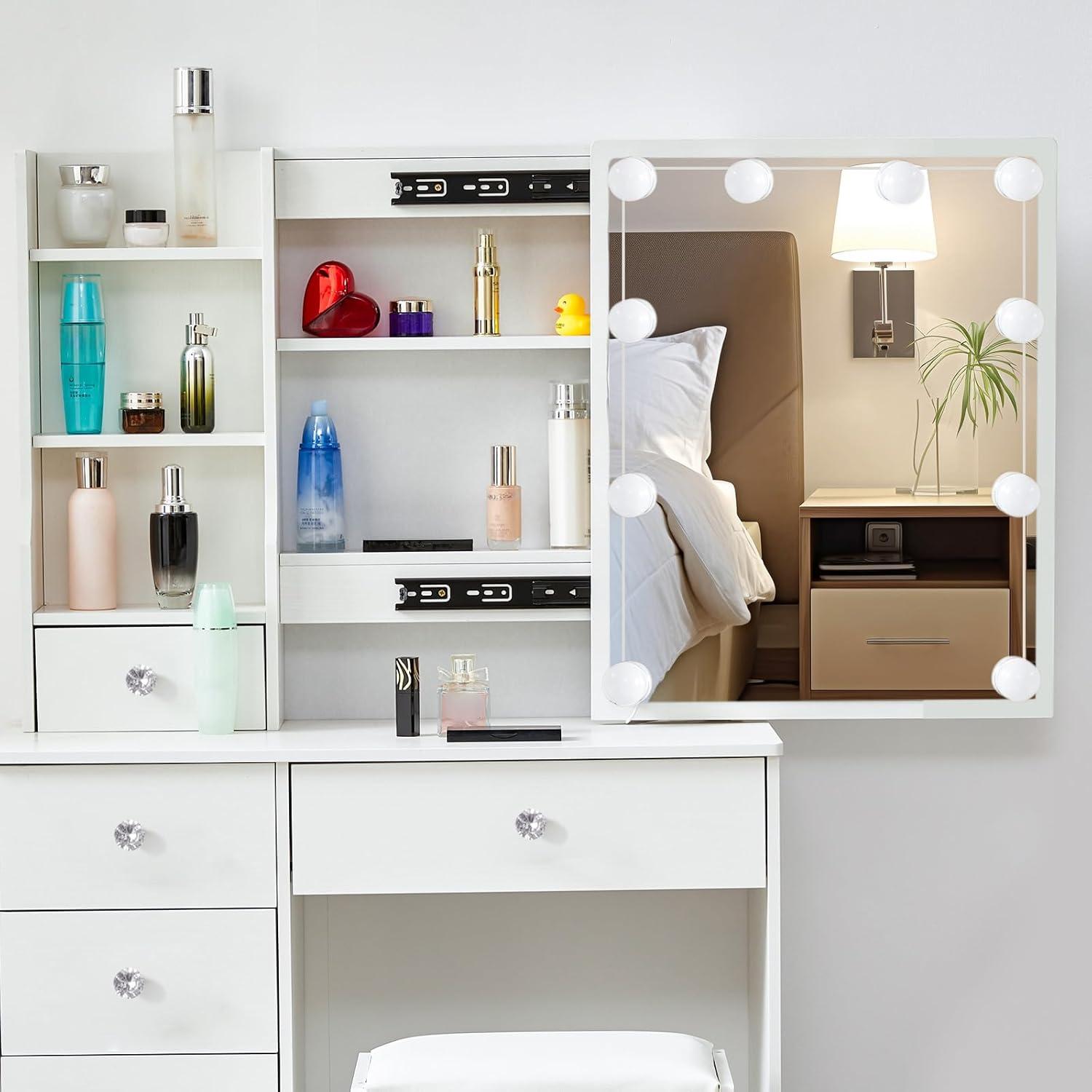 Schminktisch mit Spiegel, LED Beleuchtung, Hocker