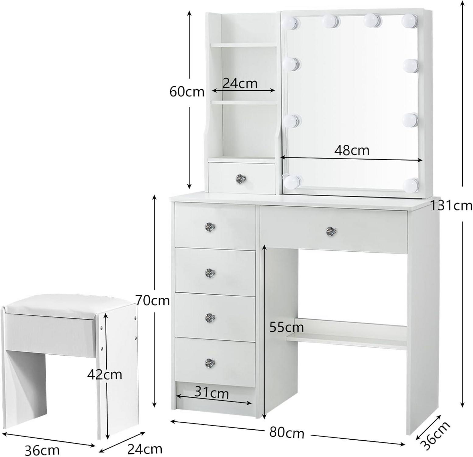 Schminktisch mit Spiegel, LED Beleuchtung, Hocker