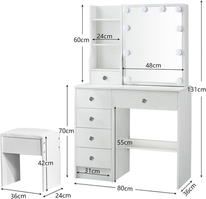 Schminktisch mit Spiegel, LED Beleuchtung, Hocker