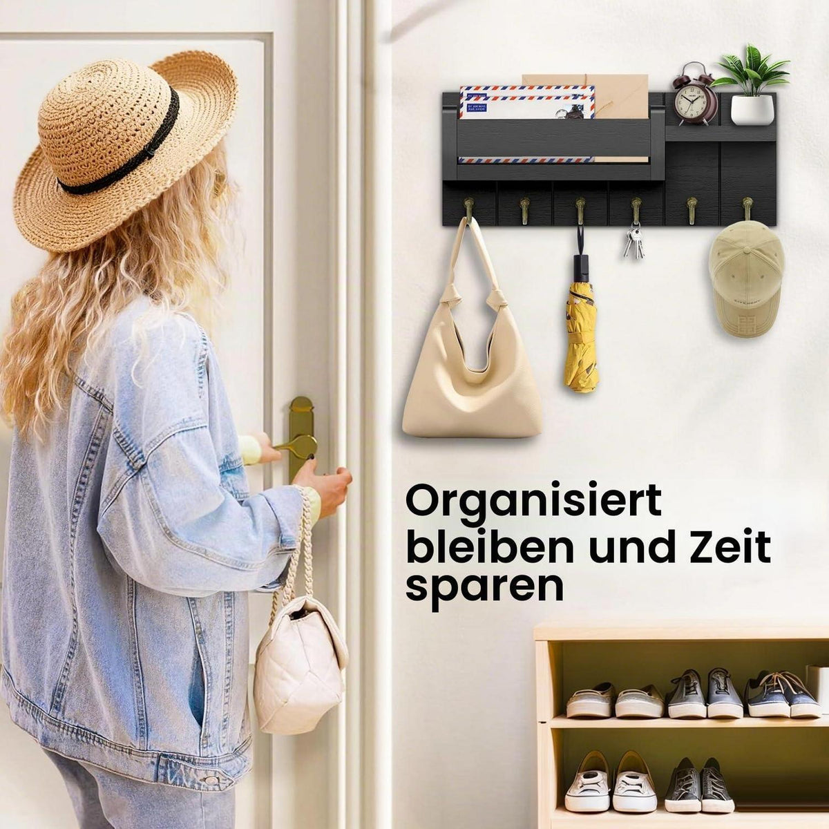 Schlüsselbrett Holz mit Ablage und 6 Haken, Schwarz