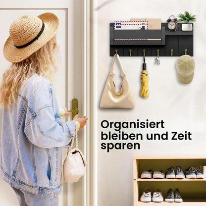 Schlüsselbrett Holz mit Ablage und 6 Haken, Schwarz
