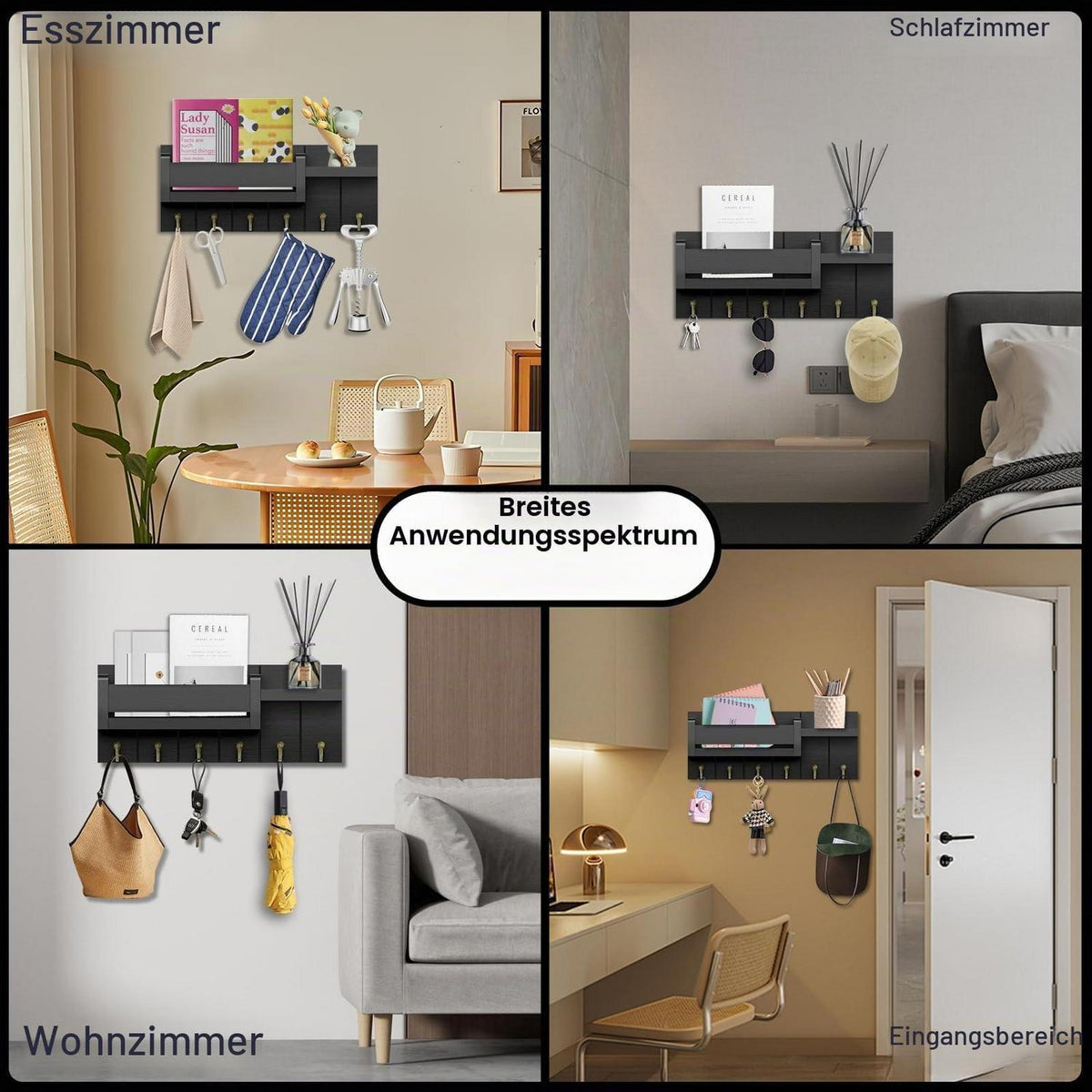 Schlüsselbrett Holz mit Ablage und 6 Haken, Schwarz