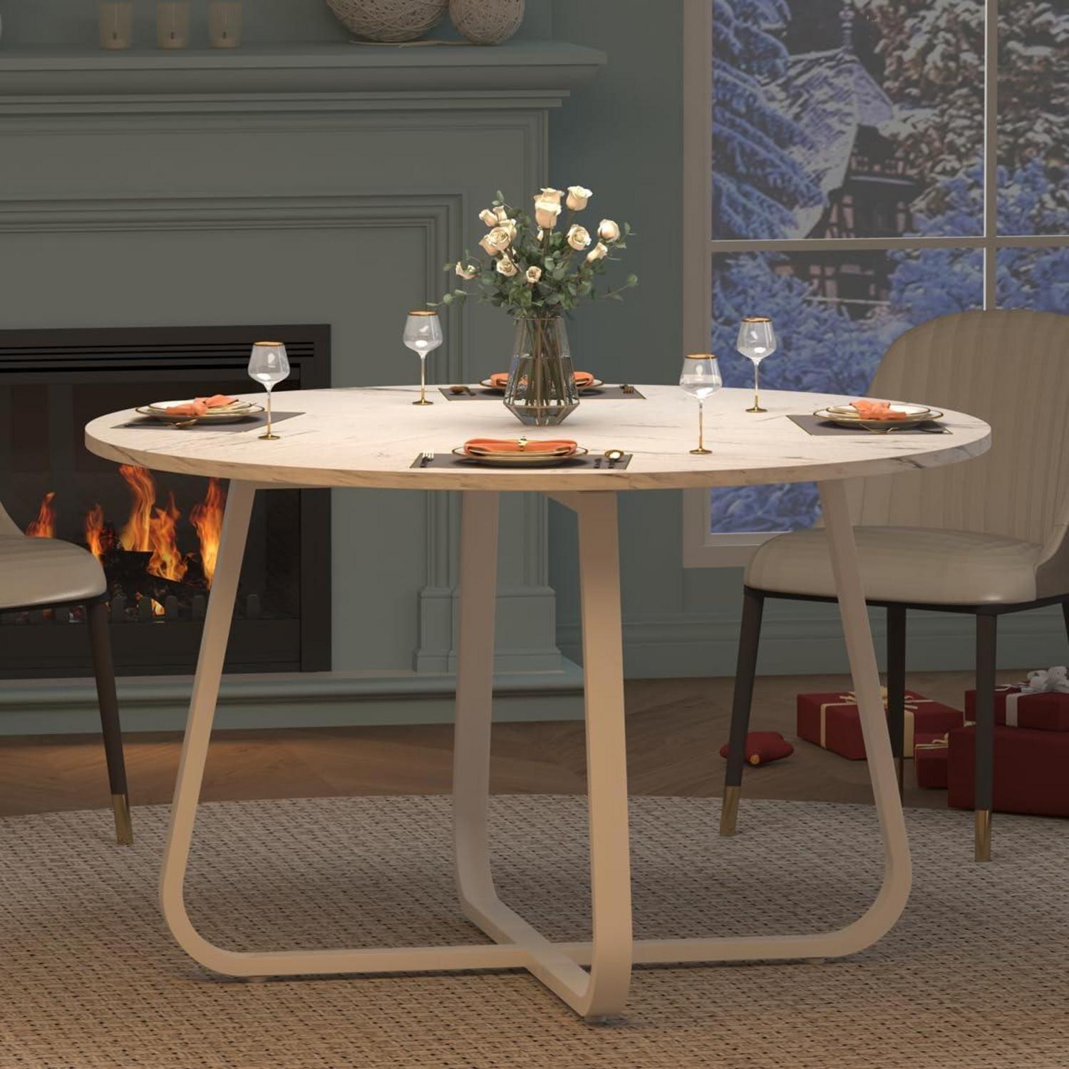 Runder Esstisch Weißer Marmoroptik Holz Metall 130x75cm