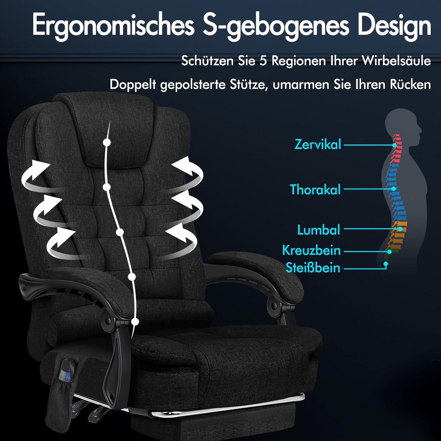 Ergonomischer Bürostuhl Wärmemassage Leinen Armlehnen Kopfstütze Drehstuhl