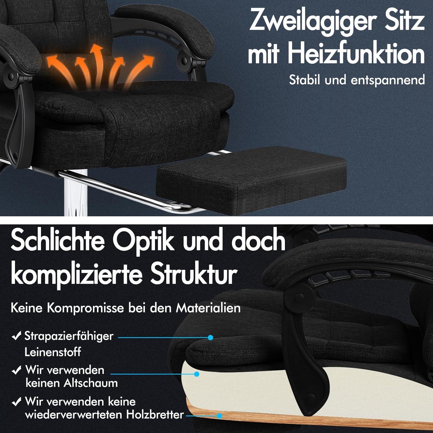 Ergonomischer Bürostuhl mit Wärmemassagefunktion und Leinenstoff - Dunkelschwarz