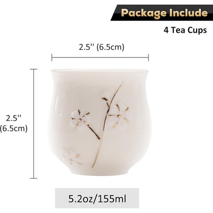 Japanisches Teetassen-Set 4er Pack, Weiße Porzellan Pflaume Gold