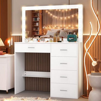Hochwertiger Schminktisch mit LED-Beleuchtung, Spiegel und 5