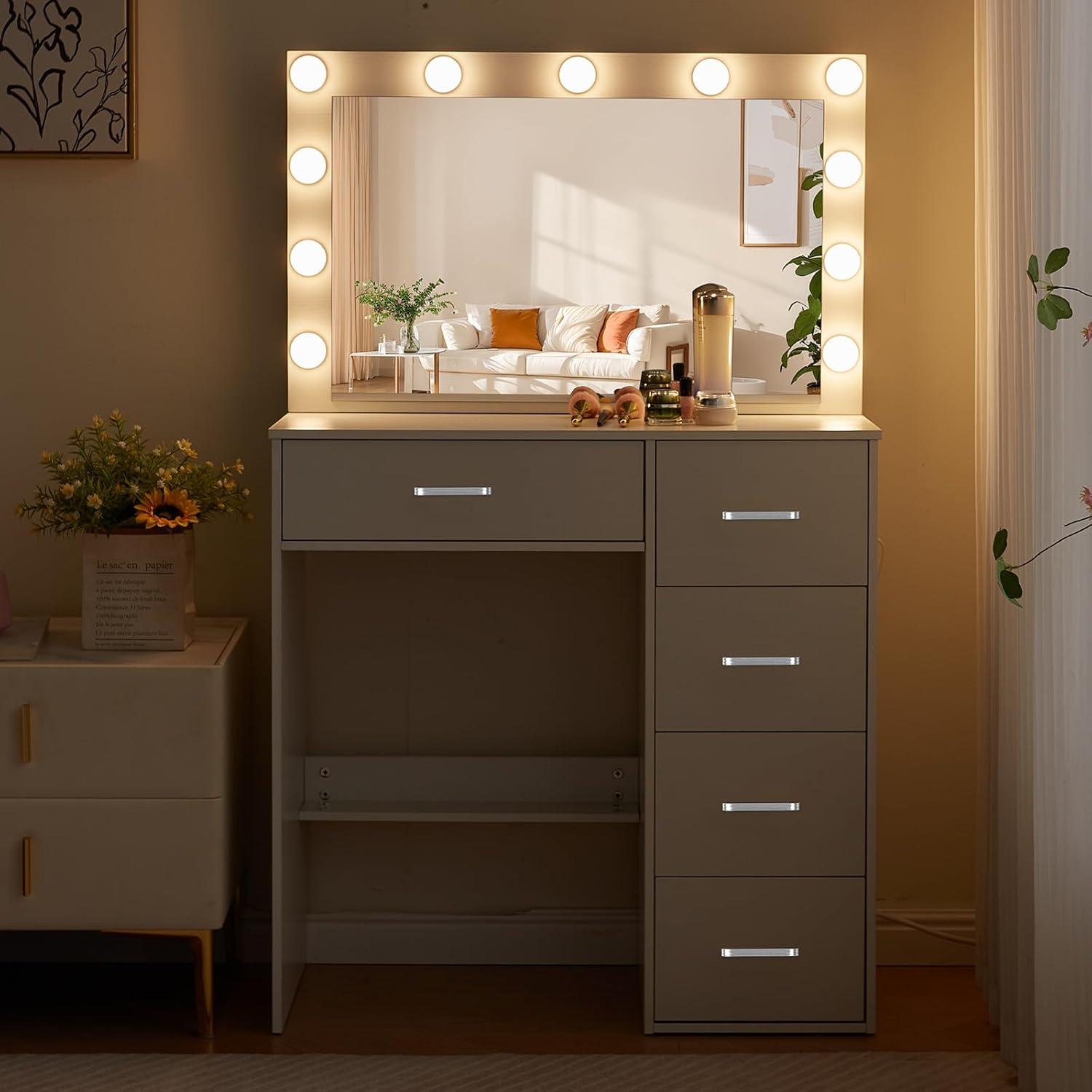Schminktisch mit Beleuchtung und Spiegel 5 Schubladen Schlafzimmer