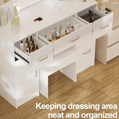 Puselo Schminktisch mit LED-Beleuchtung, Spiegel, Hocker, 6 Schubladen - MDF 100x40x140cm
