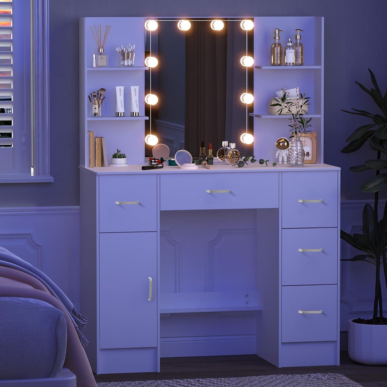 Schminktisch mit LED-Beleuchtung, Spiegel, Hocker, 6 Schubladen
