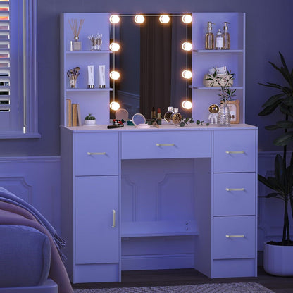 Schminktisch mit LED-Beleuchtung, Spiegel, Hocker, 6 Schubladen