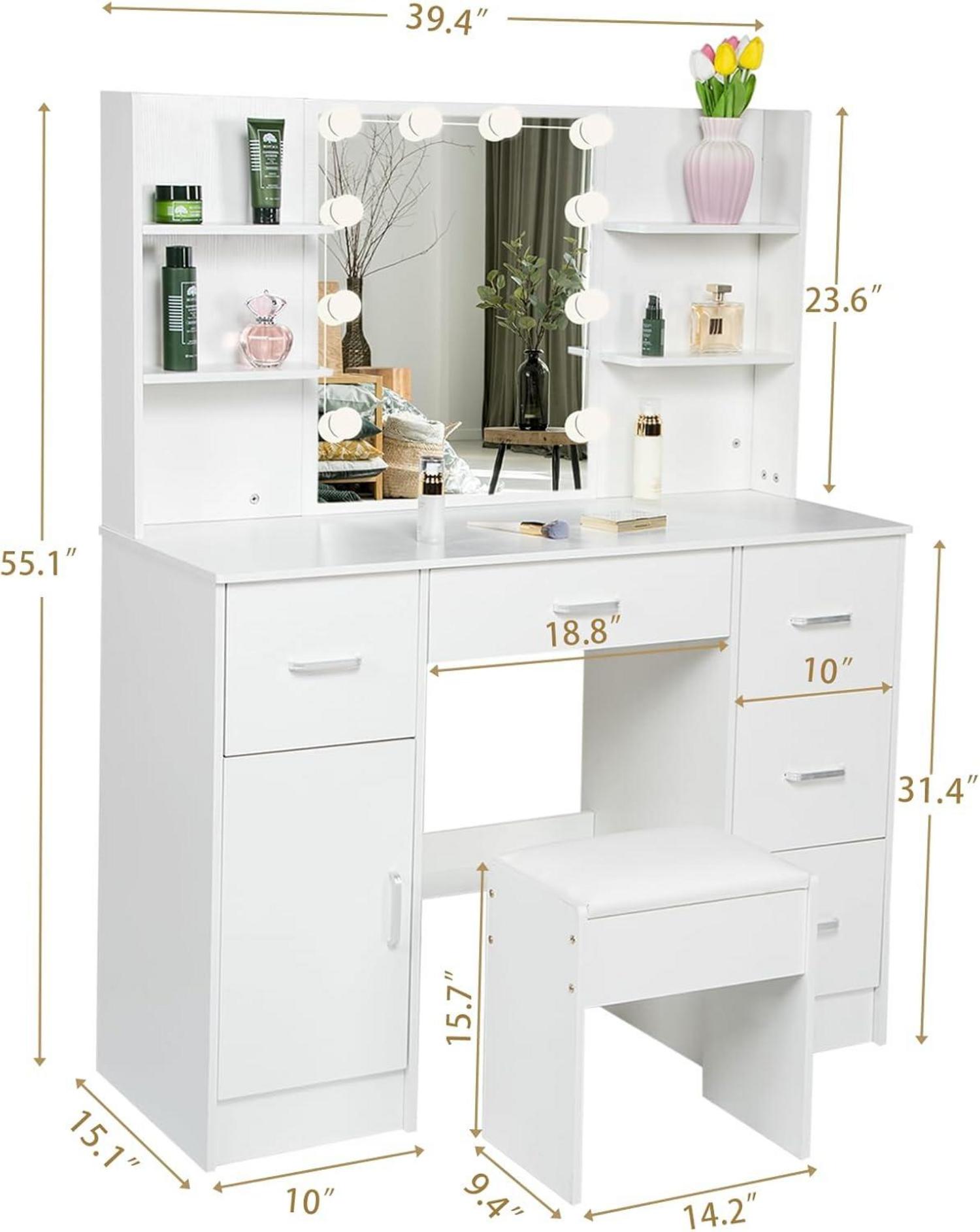 Schminktisch mit LED Beleuchtung und Spiegel 6 Schubladen Hocker 100x40x140cm