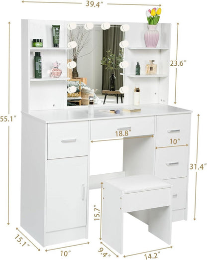 Schminktisch mit LED Beleuchtung und Spiegel 6 Schubladen Hocker 100x40x140cm