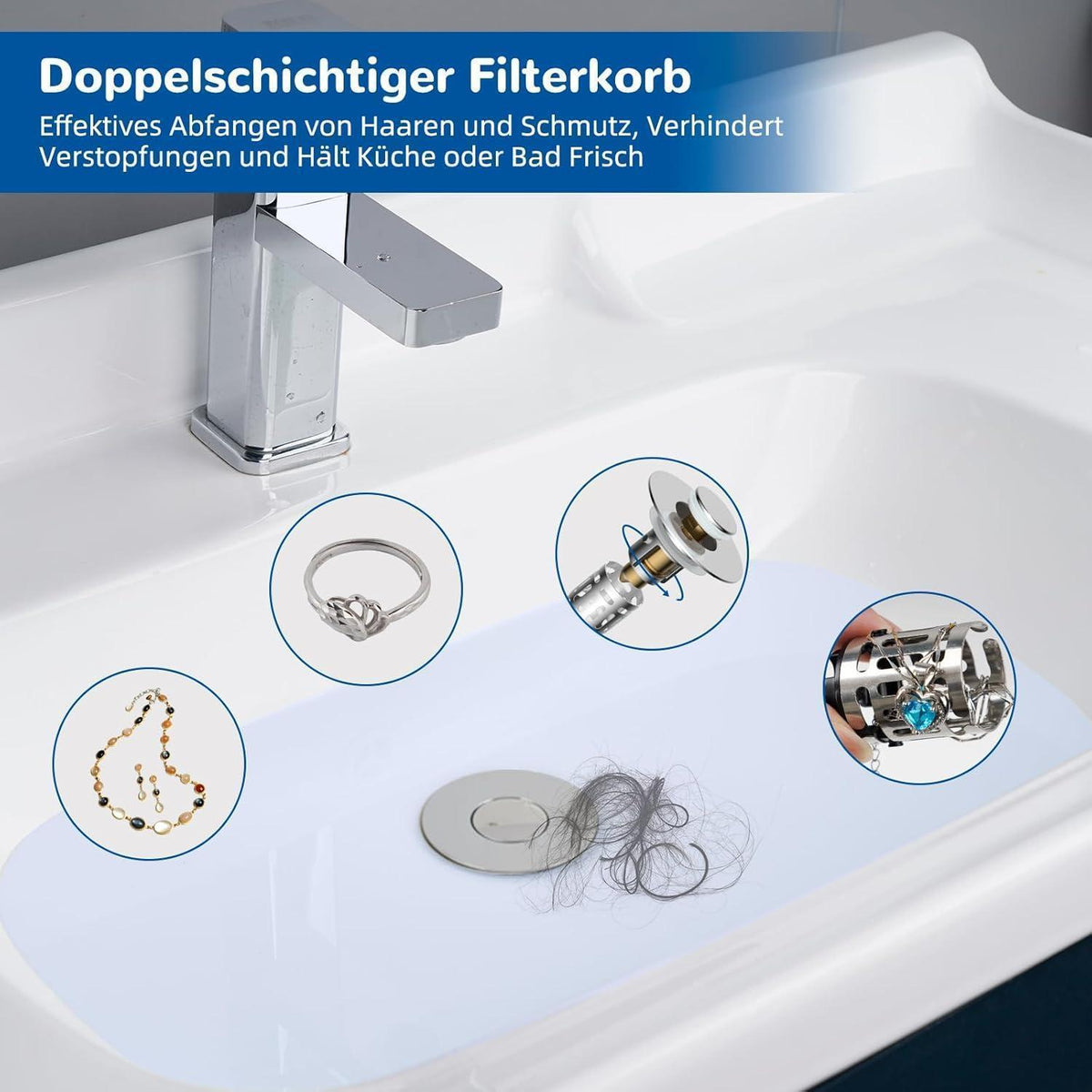 3-in-1 Pop-Up Abflusssieb mit Filterkorb für Waschbecken
