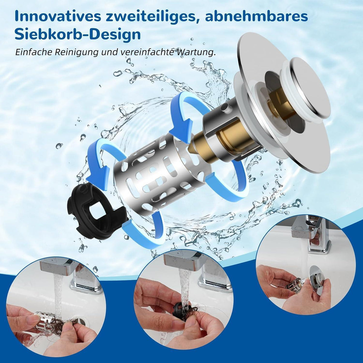 3-in-1 Pop-Up Abflusssieb mit Filterkorb für Waschbecken