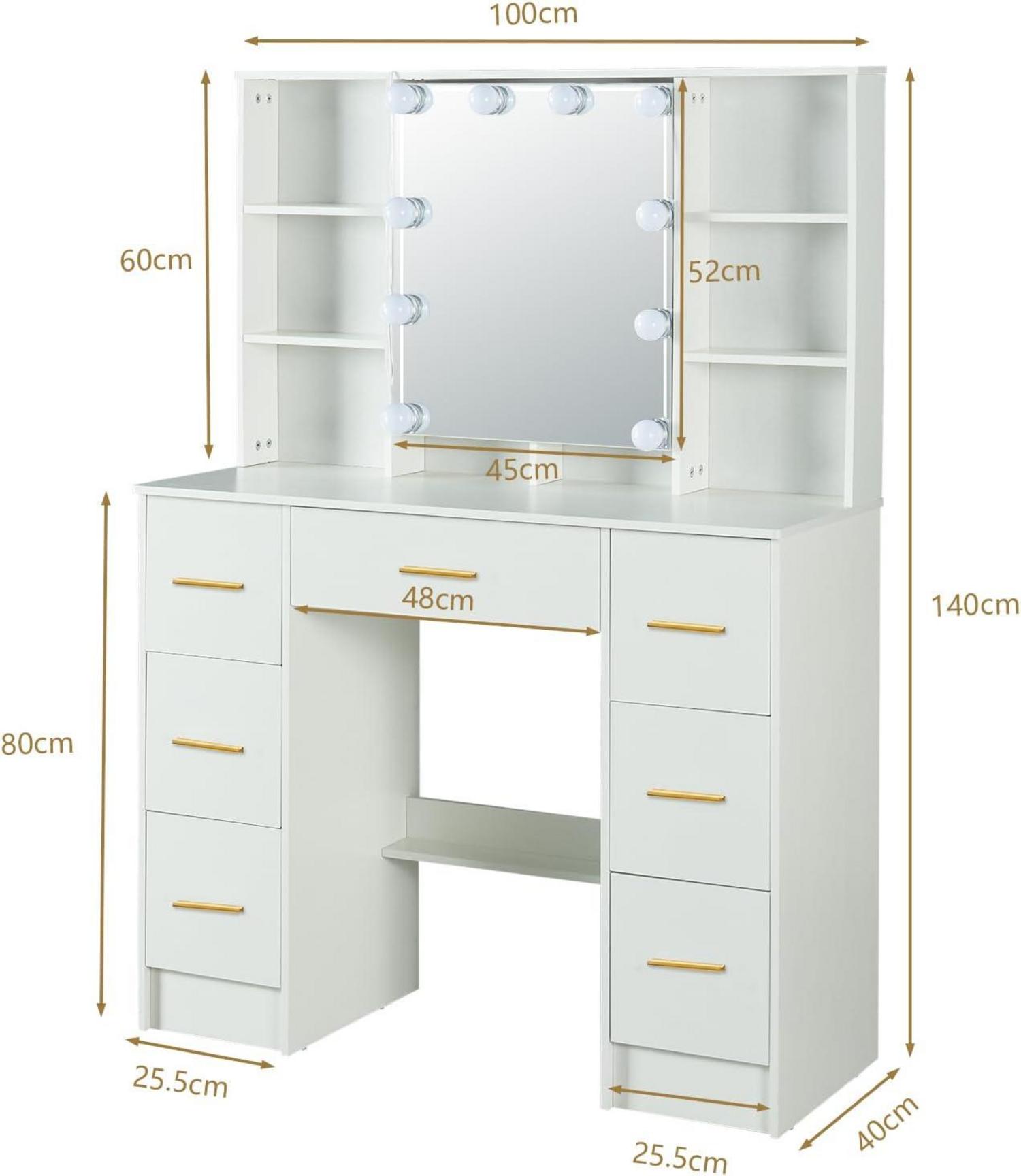 Schminktisch mit LED-Beleuchtung 7 Schubladen 100x40x140cm