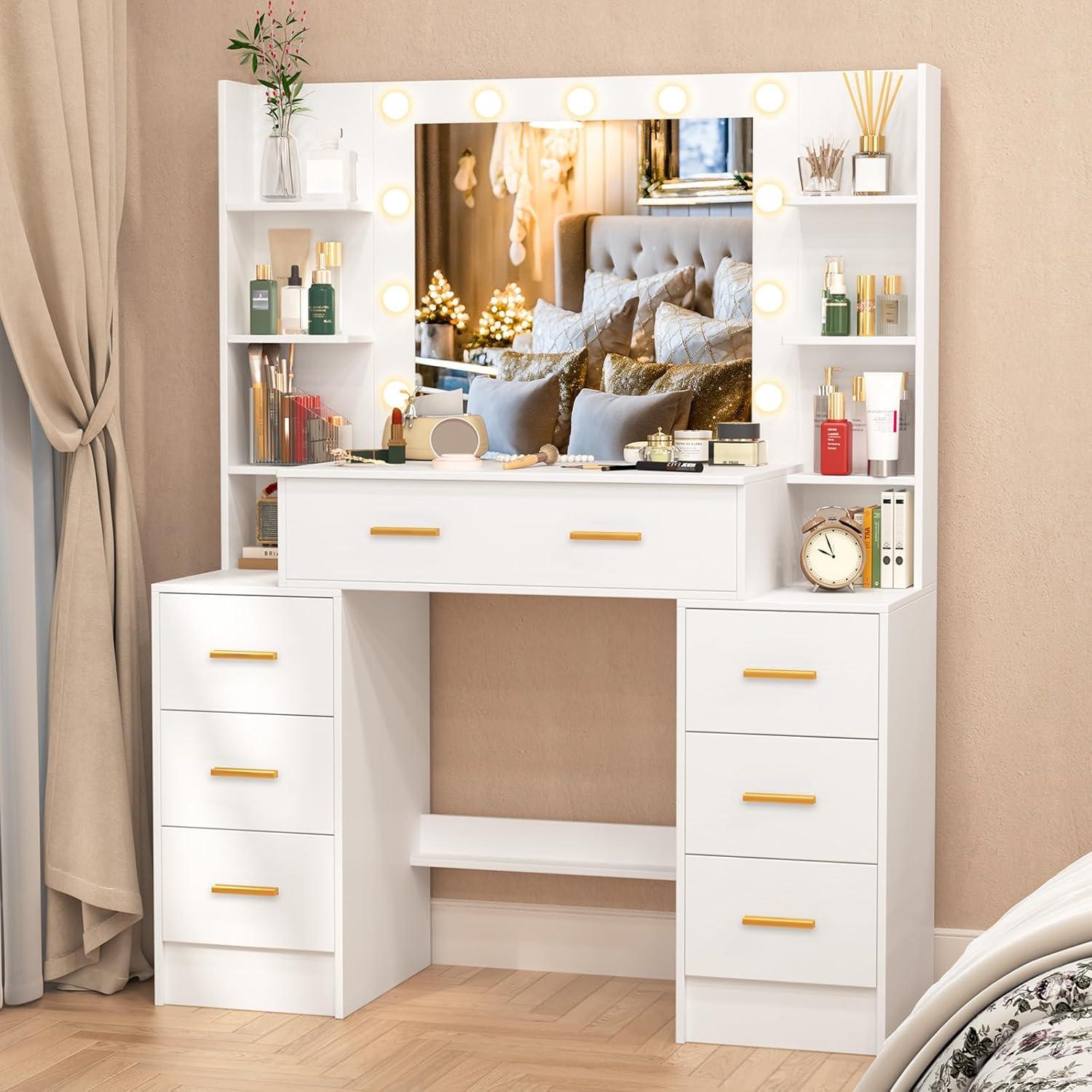 Schminktisch LED-Beleuchtung 7 Schubladen 8 Ablagefächer 110x40 cm