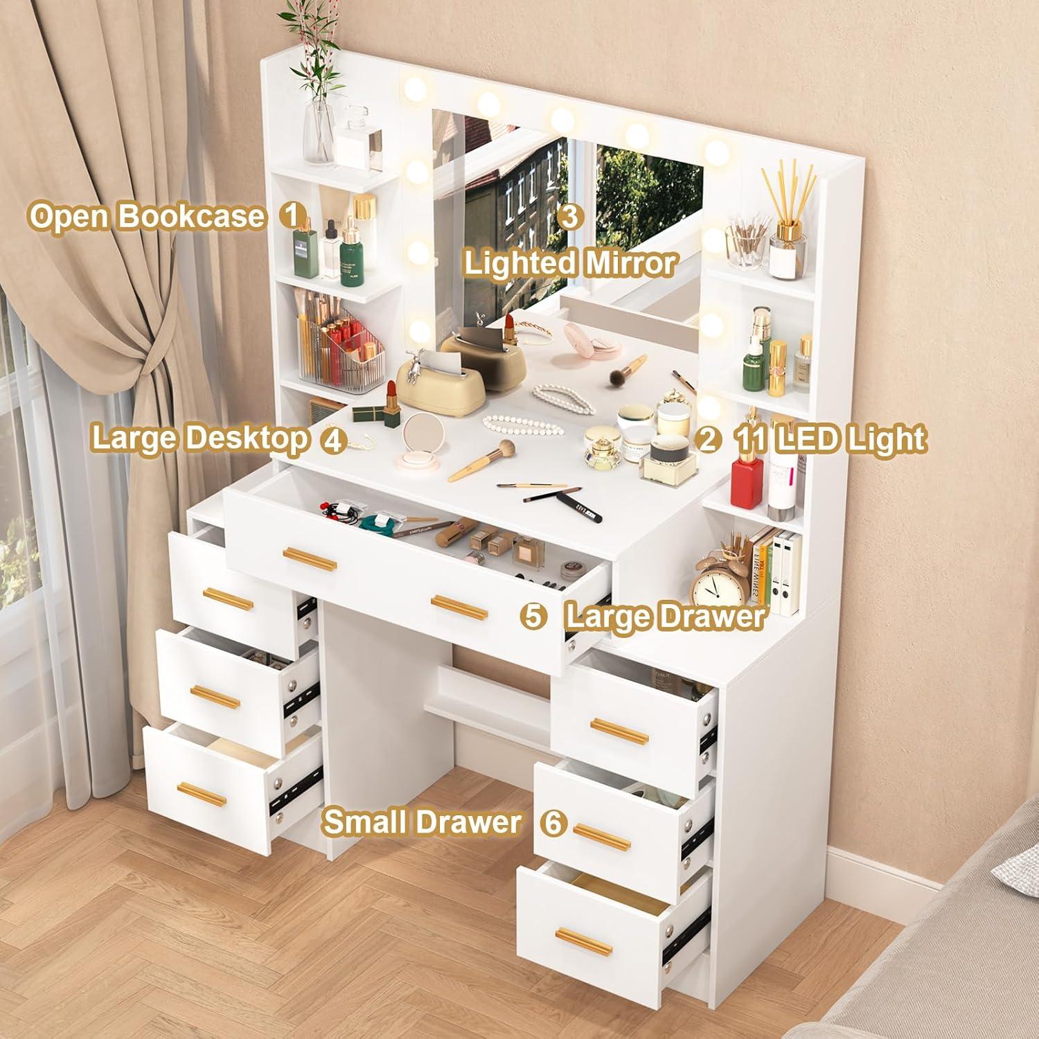 Schminktisch LED-Beleuchtung Spiegel Weiß 7 Schubladen 8 Ablage Vanity