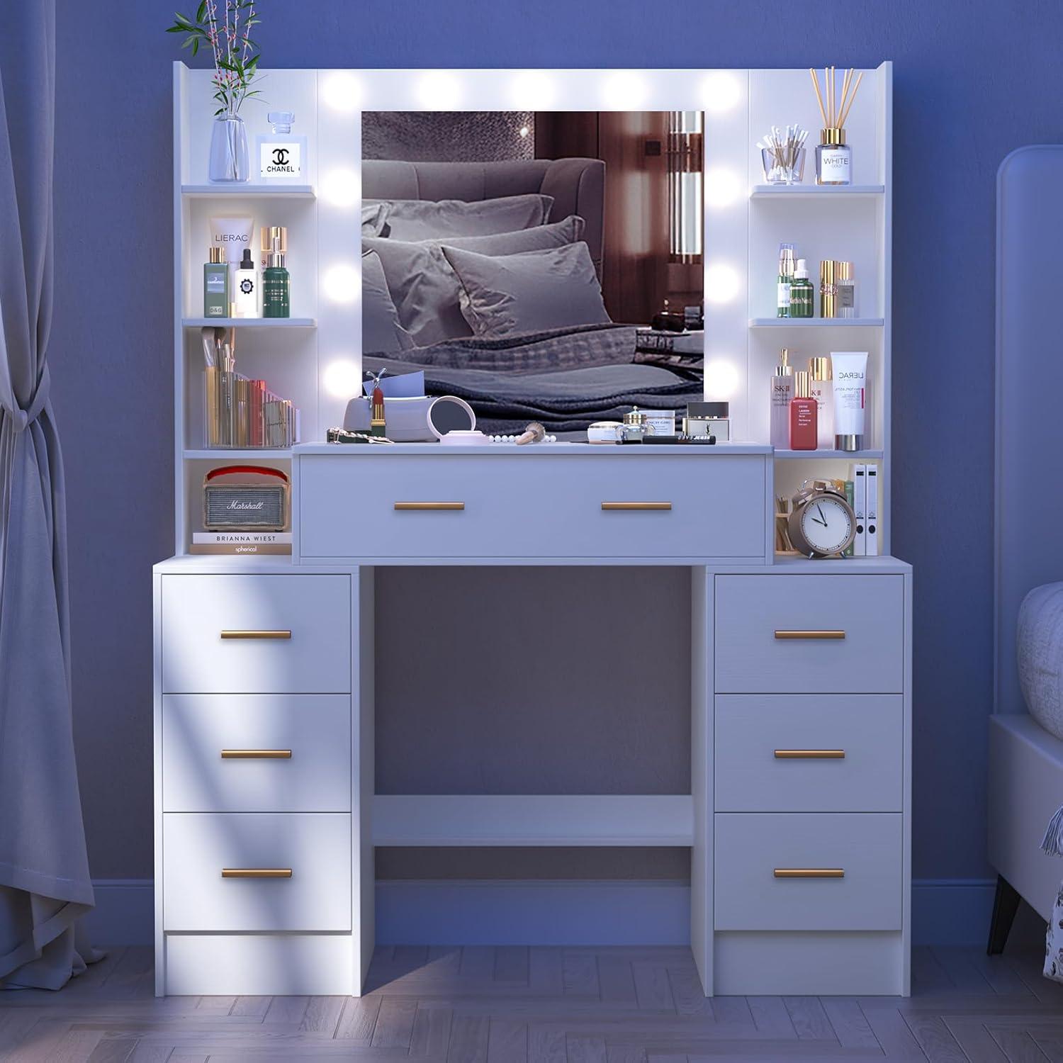Schminktisch LED-Beleuchtung Spiegel Weiß Kosmetiktisch 7 Schubladen 8
