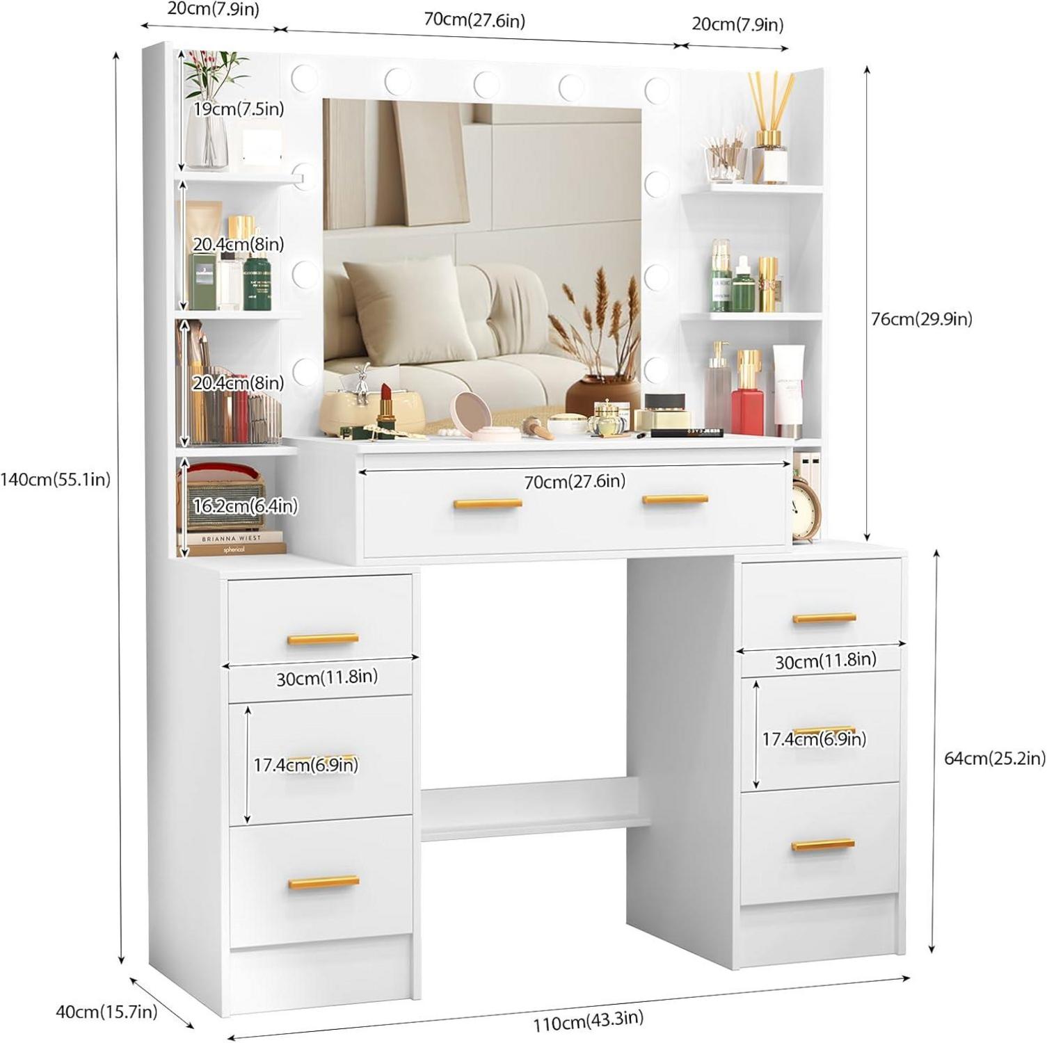 Schminktisch LED-Beleuchtung Spiegel Weiß 7 Schubladen 8 Ablage Vanity