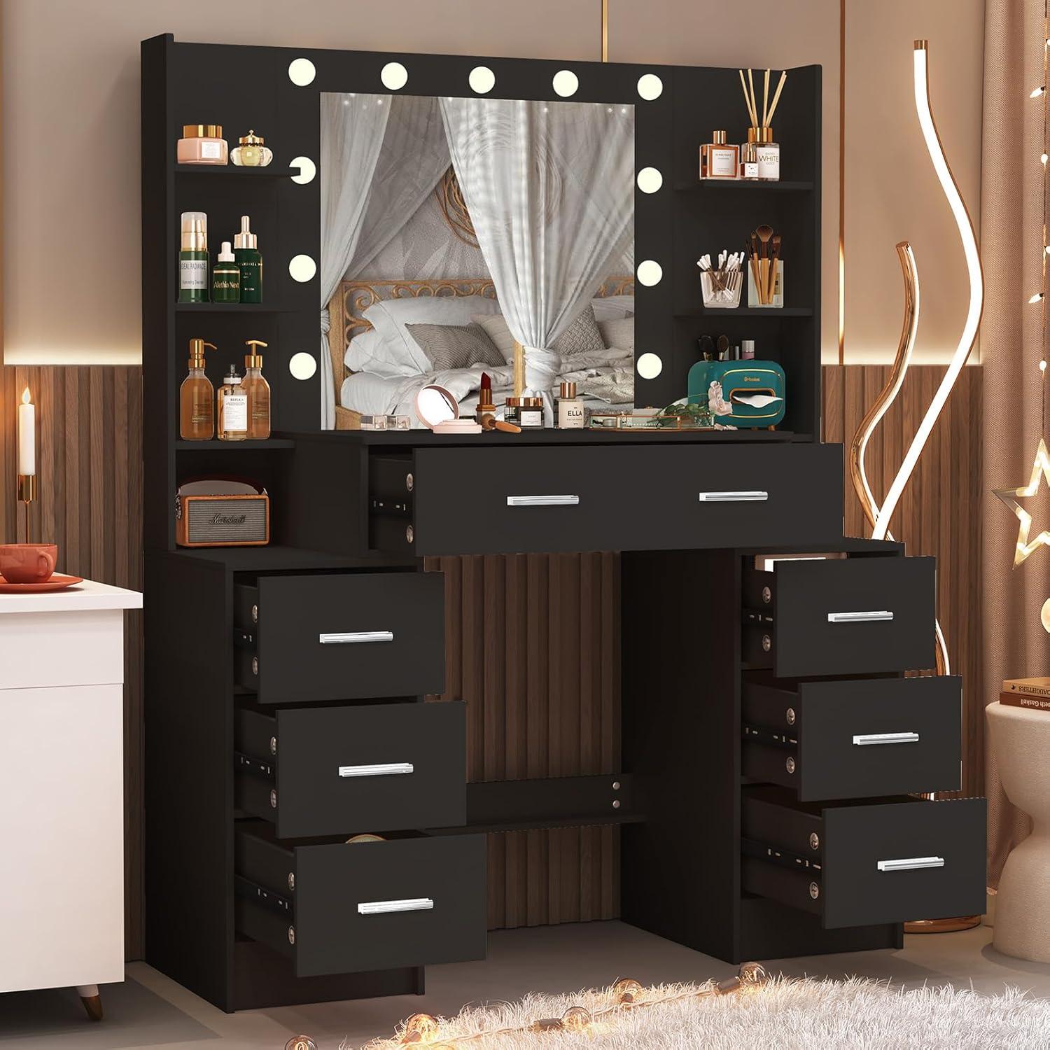 Schminktisch mit LED-Spiegel, Schwarz, 7 Schubladen, 8 Ablagefächer, 110x40x140 cm