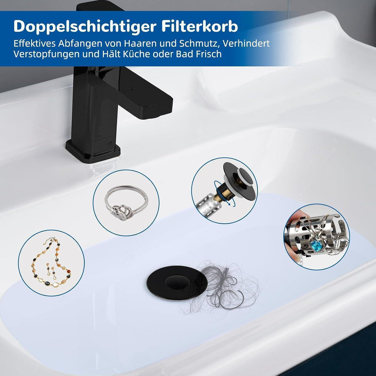 3-in-1 Waschbeckenstöpsel mit Sieb – Matt Schwarz