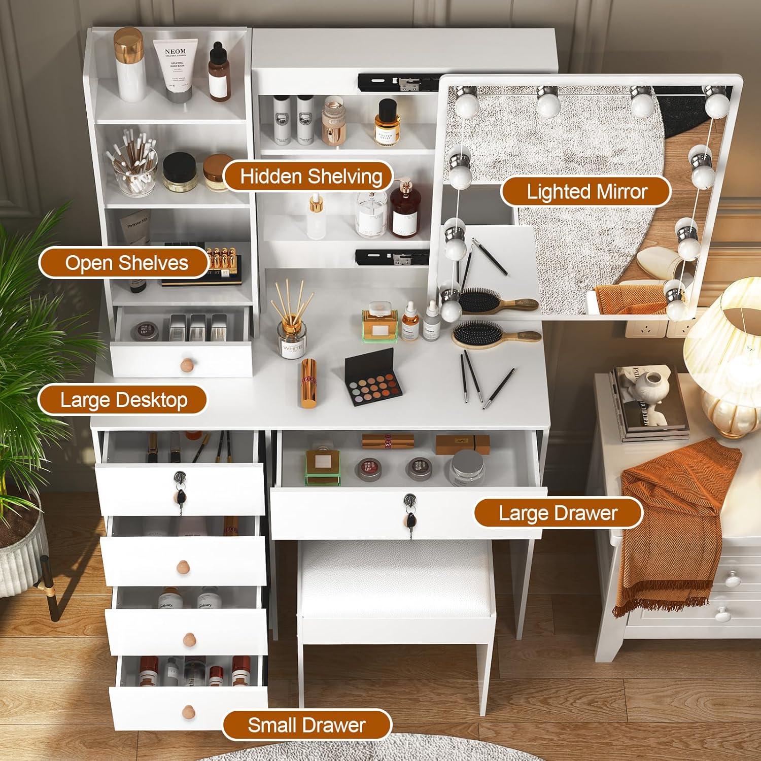 Schminktisch mit LED-Beleuchtung, Schiebespiegel, 6 Schubladen, 6