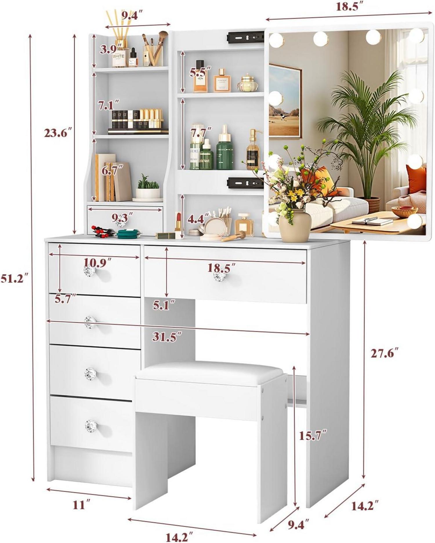 Schminktisch mit Beleuchtung und Schiebespiegel Weiß 36x80x131cm
