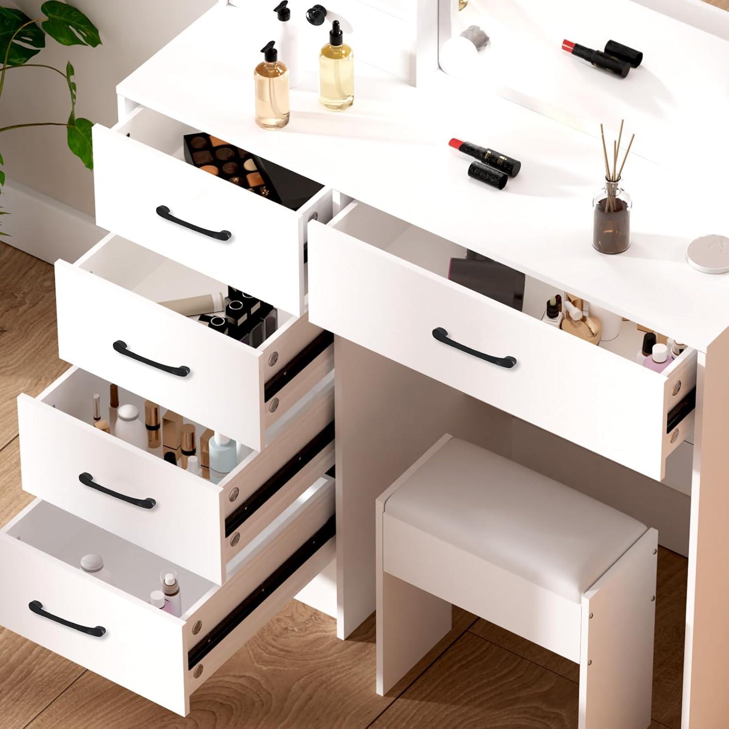 Schminktisch mit LED-Beleuchtung, Schiebespiegel, 6 Schubladen, 6