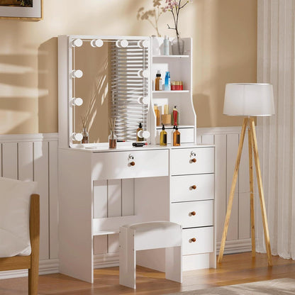 Schminktisch Weiß mit LED-Beleuchtung, Schiebespiegel, 6 Schubladen, 6