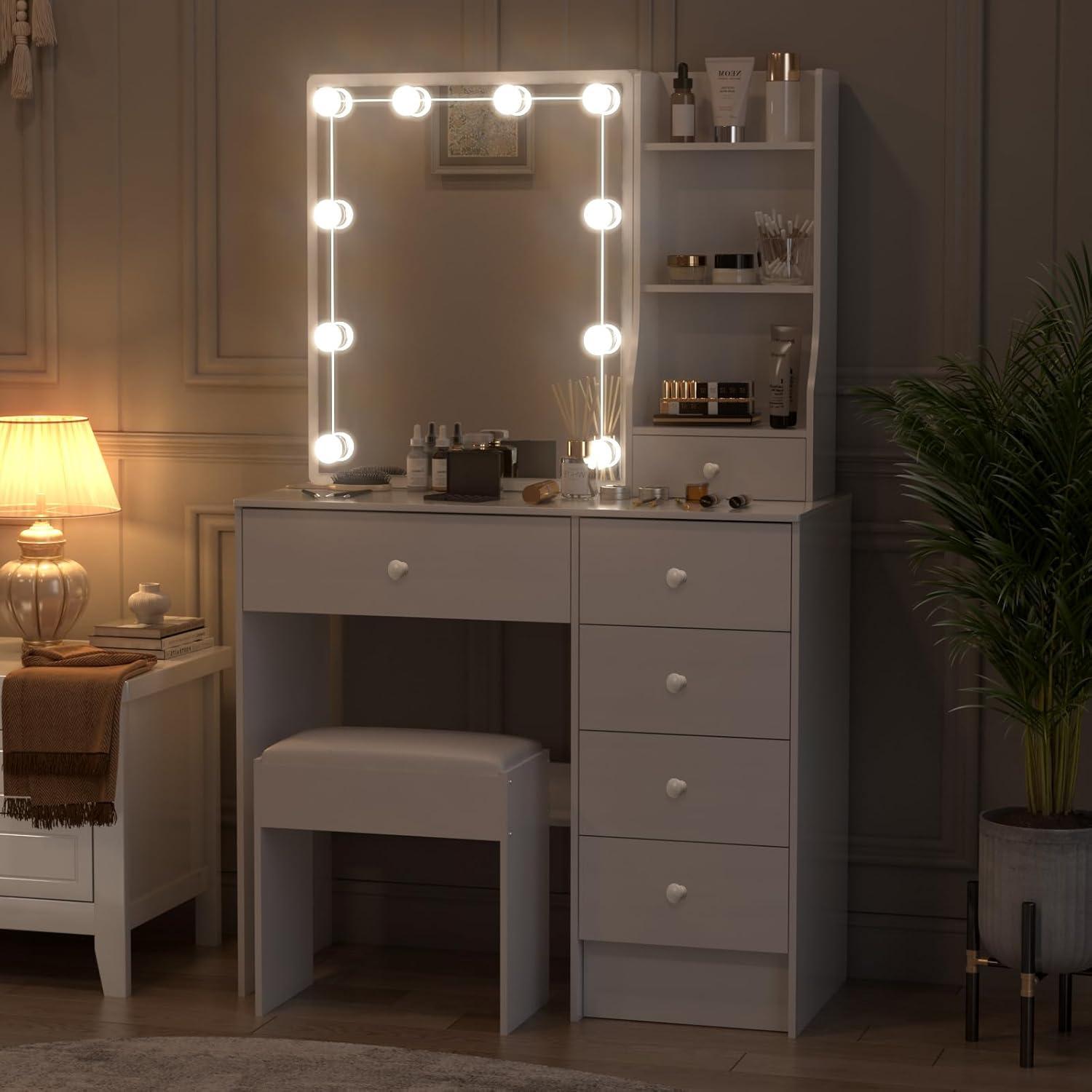 Schminktisch mit LED-Beleuchtung und Schiebespiegel - Weiß 36x80x131cm