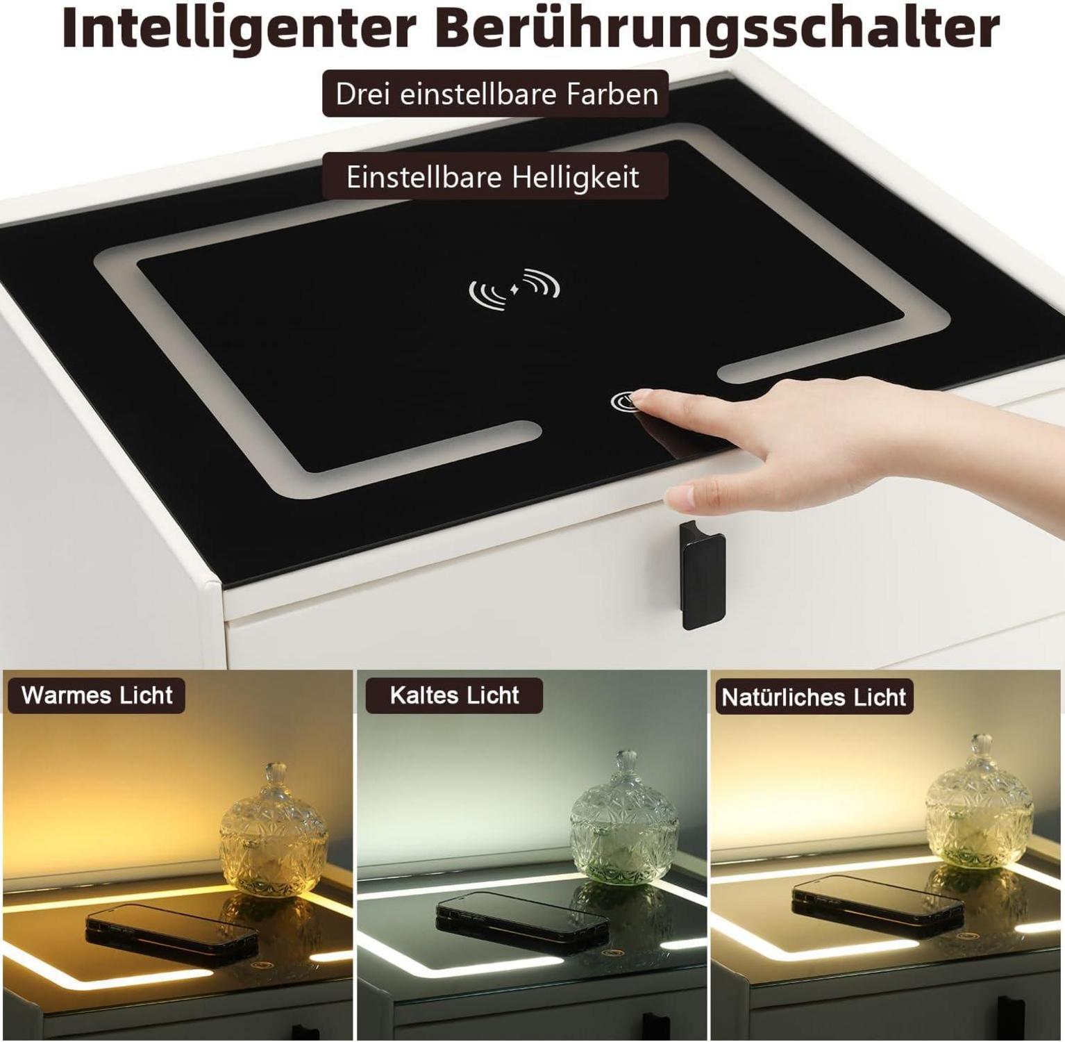 Weißer Smart Nachttisch mit kabellosem Aufladen, LED-Licht und 2