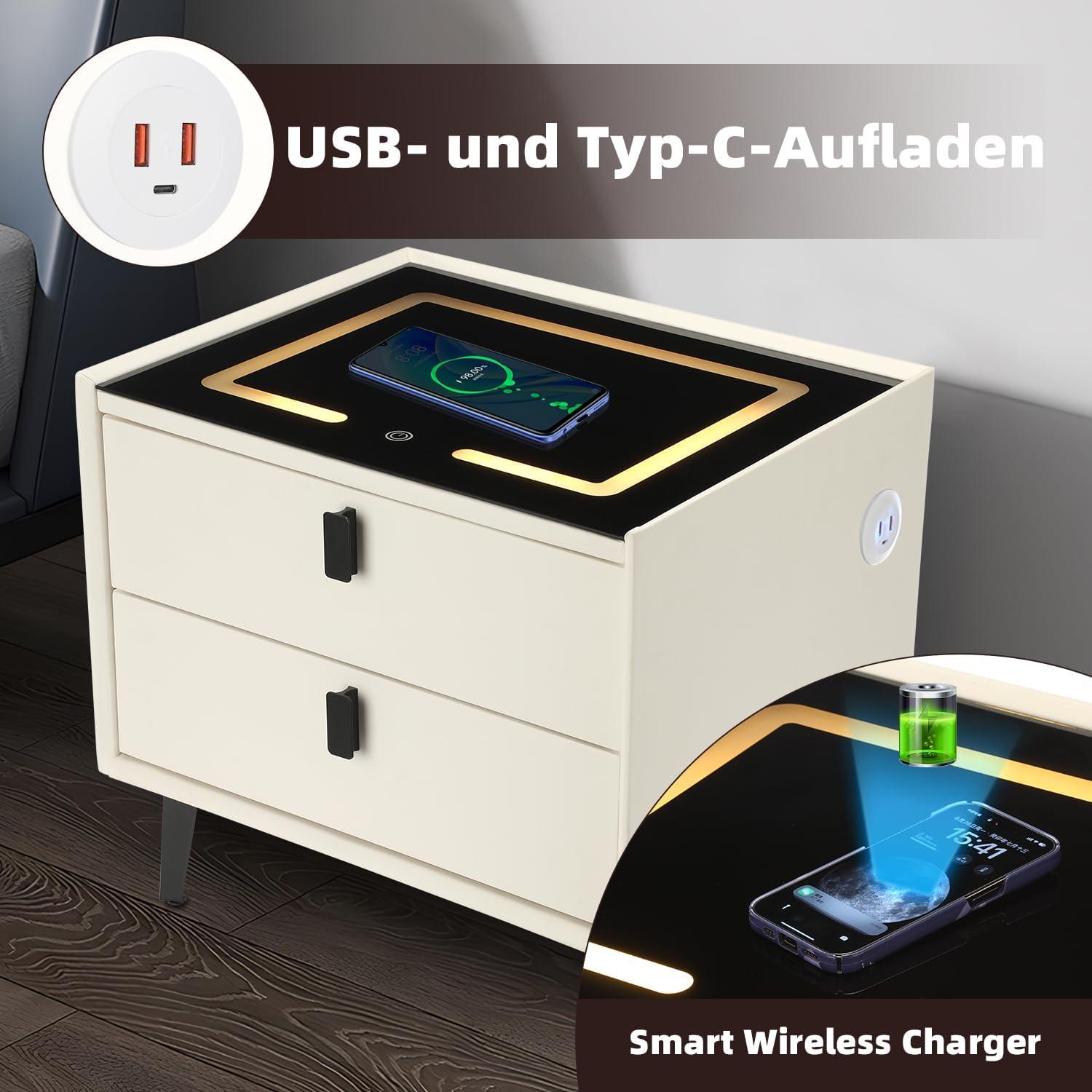 Weiß Smart Nachttisch mit kabellosem Laden, LED-Licht, 2 Schubladen