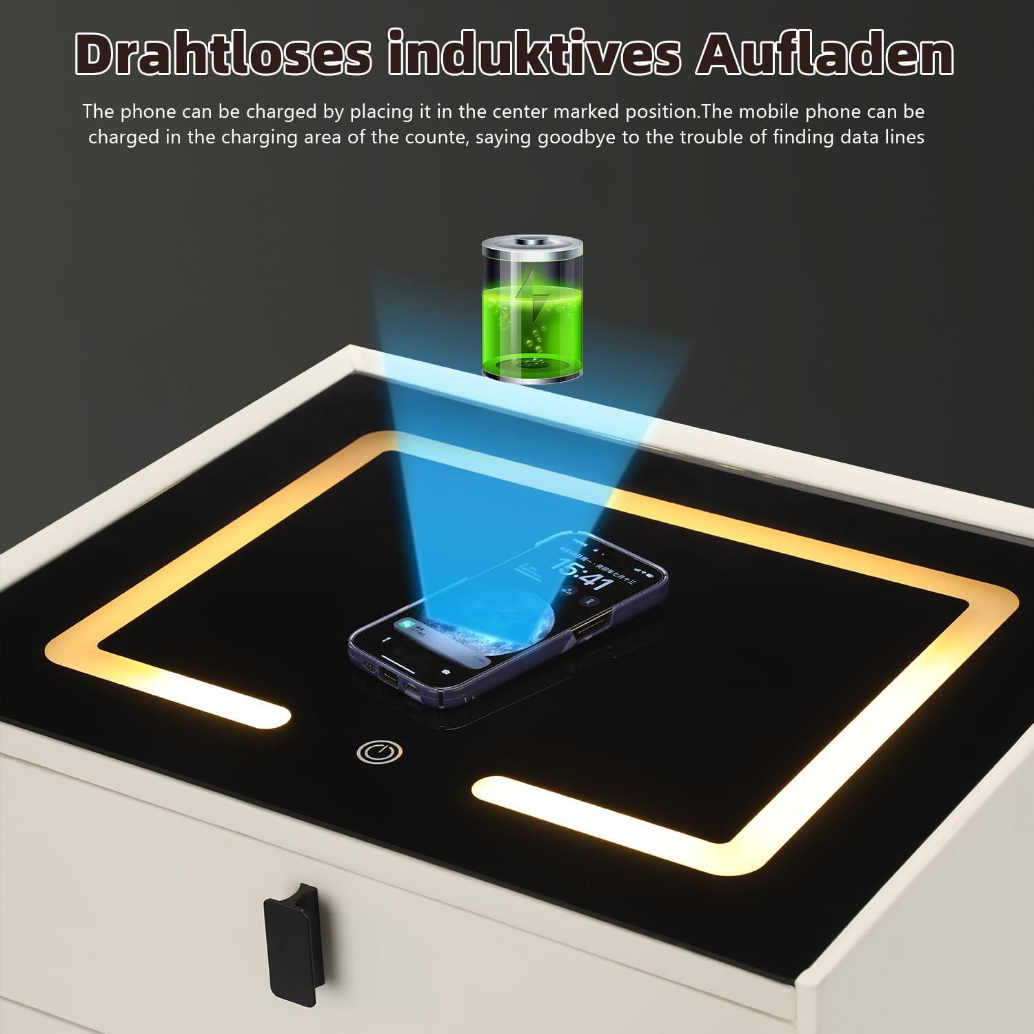 Weiß Smart Nachttisch kabelloses Aufladen LED-Licht 2 Schubladen