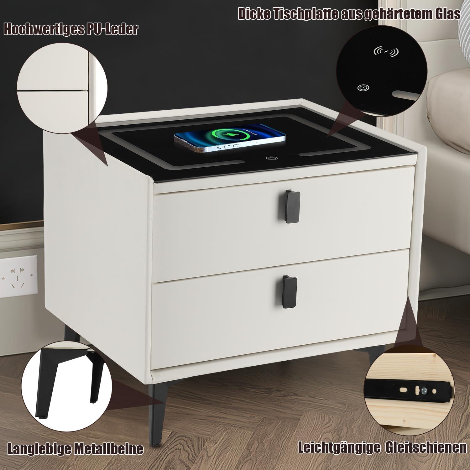 Weiß Smart Nachttisch kabelloses Aufladen LED-Licht 2 Schubladen