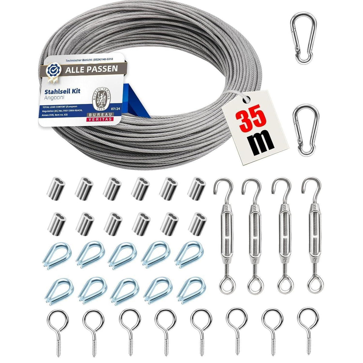 Stahlseil Set 35m mit Spannern & Haken für Rankhilfe, Wäscheleine, Sonnensegel