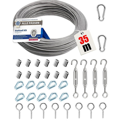 Stahlseil Set 35m mit Spannern & Haken für Rankhilfe, Wäscheleine, Sonnensegel