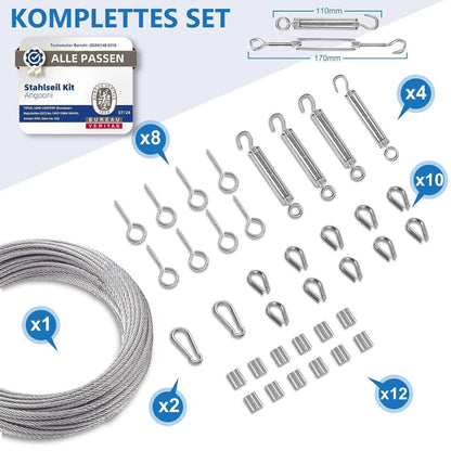 Stahlseil Set 35m mit Spannern & Haken für Rankhilfe, Wäscheleine, Sonnensegel