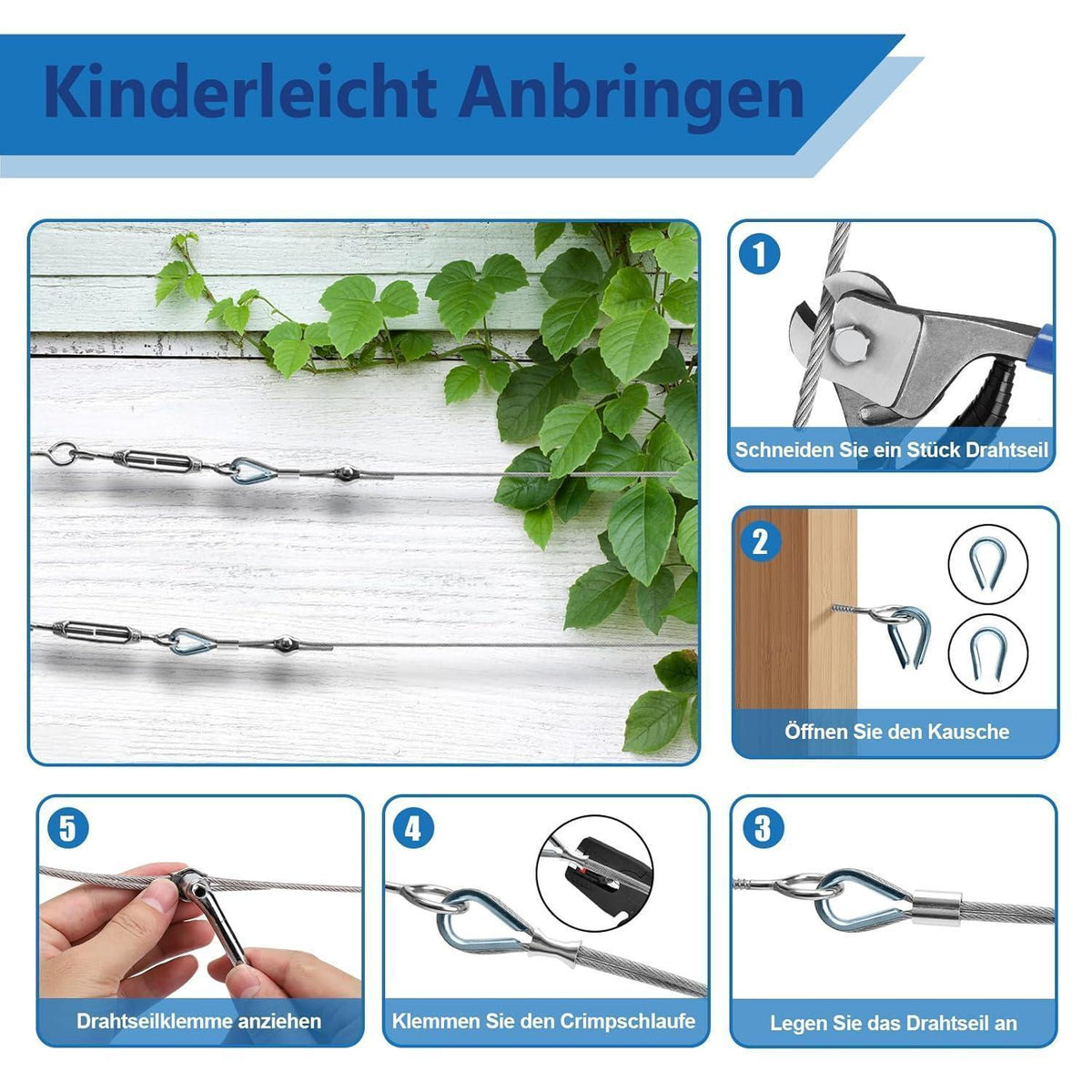 Stahlseil Set 35m mit Spannern & Haken für Rankhilfe, Wäscheleine, Sonnensegel