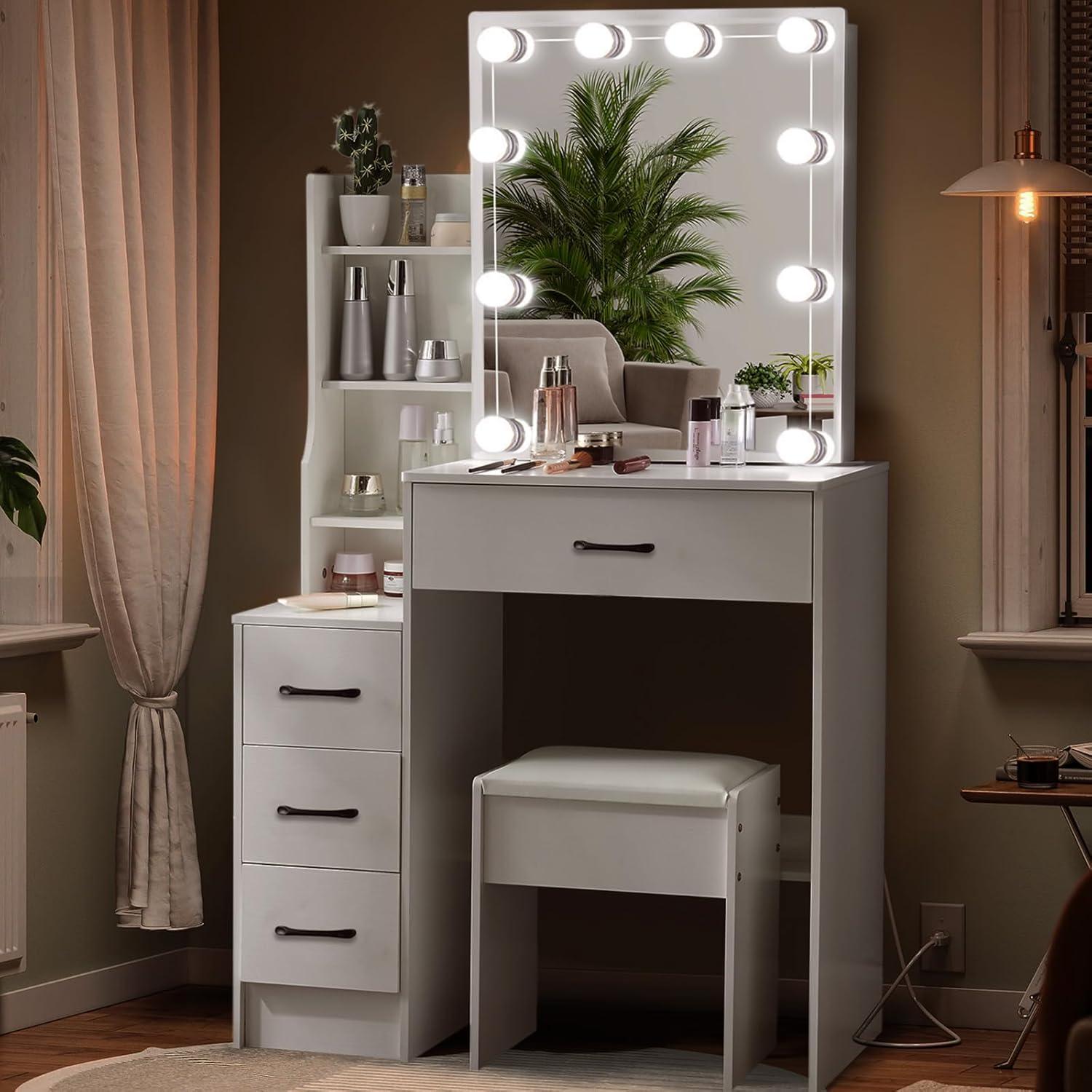 Schminktisch mit LED-Beleuchtung und Spiegel, Make-up Tisch mit