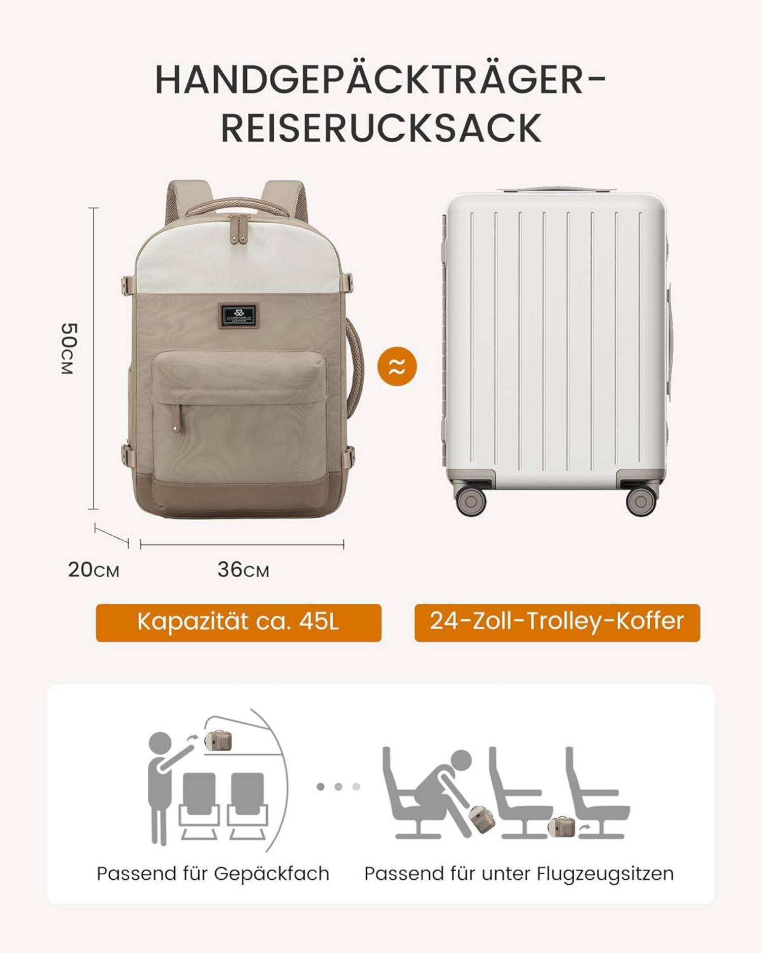Damen Rucksack Handgepäck 50L Flugzeug Reiserucksack 17,3 Zoll Laptop Koffer