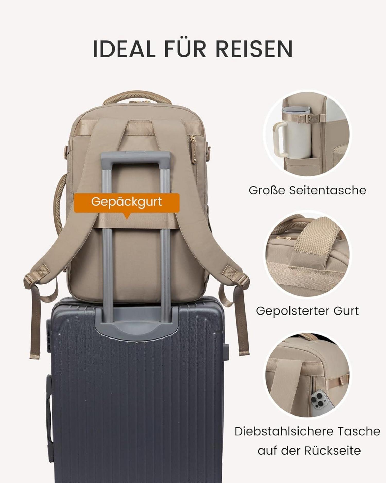 Rucksack Handgepäck Flugzeug Damen Groß 50L 17,3 Zoll Laptop Beige