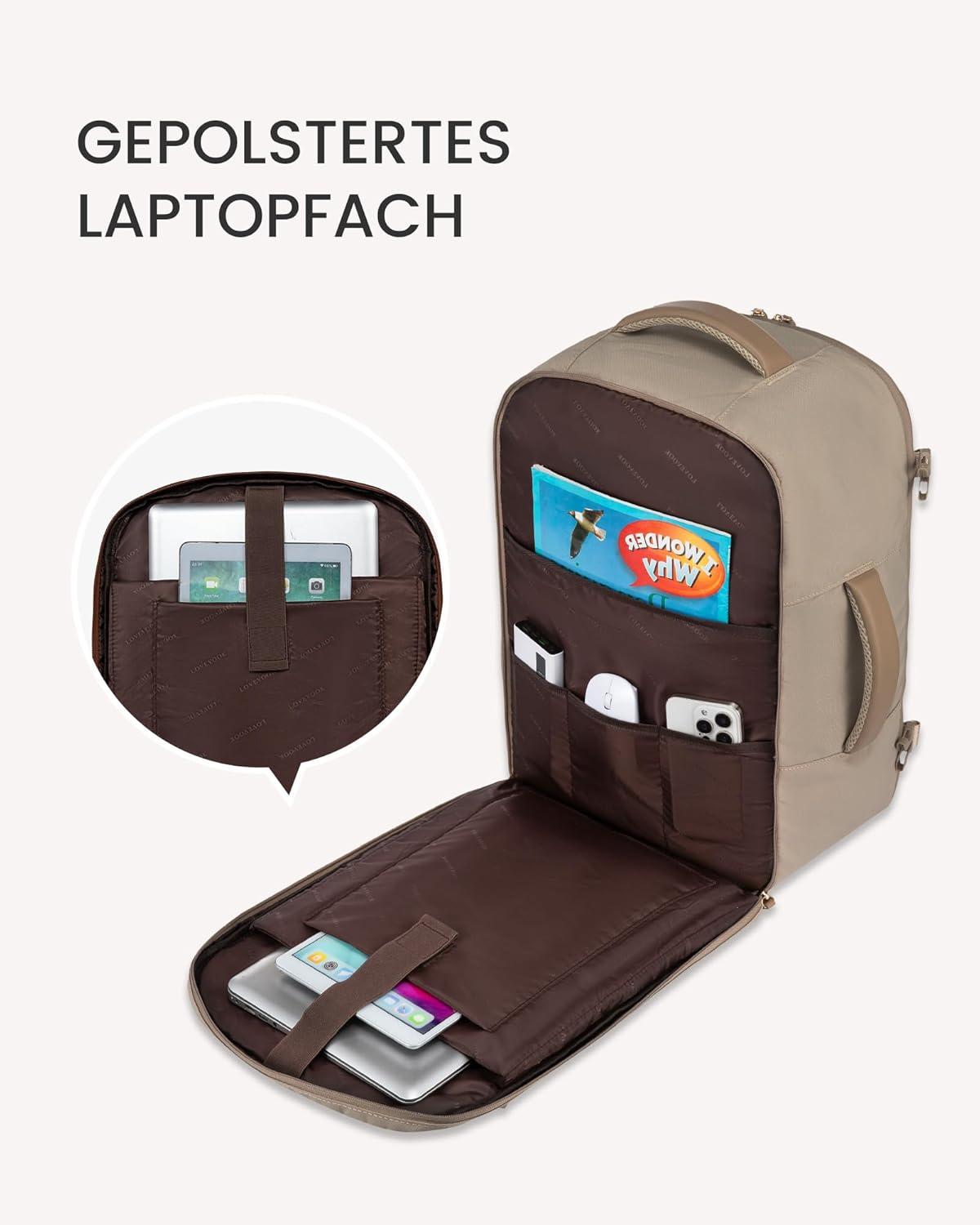 LOVEVOOK Großer 50L Rucksack Handgepäck für Damen, 17,3 Zoll Laptop, Business Reise Beige Khaki